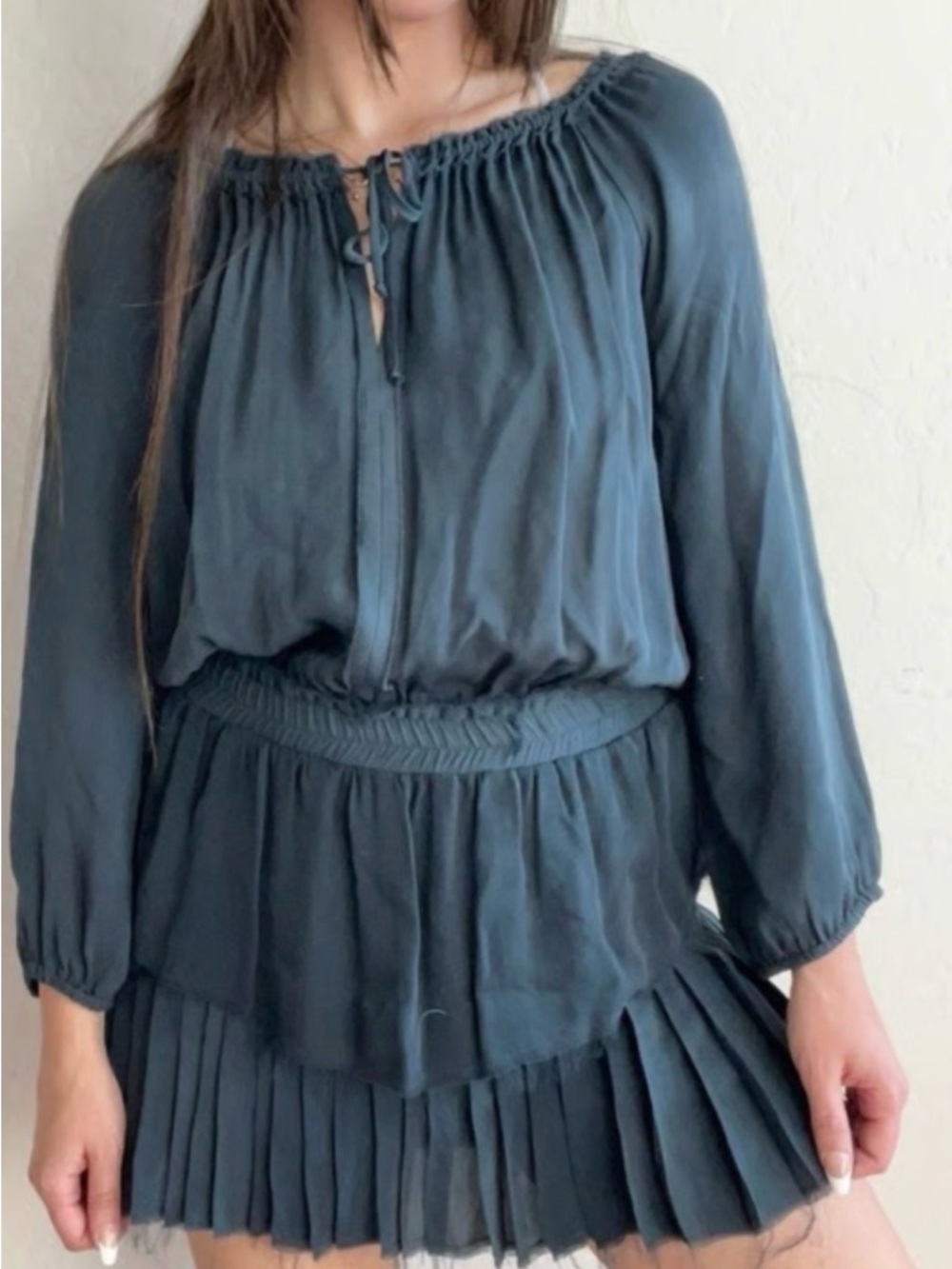 LOVESHACKFANCY navy blue mini silk dress raw hem